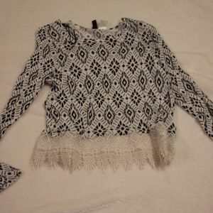 Divided Long Sleeve Cropped Lace Top